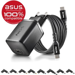 CARGADOR PARED GaN + CABLE 1.5 M USB-C + 8 CLAVIJAS ASUS 65W NEGRO NGS